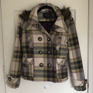 Plaid Peacoat with Faux Fur Removable Hood